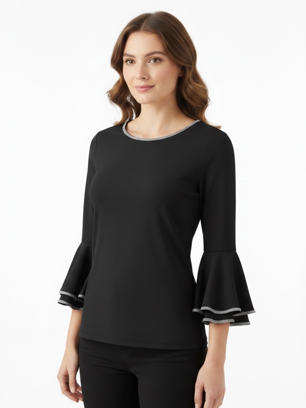 MSK Black Long-Sleeve Bell-Sleeve Top with Rhinestone Trim
